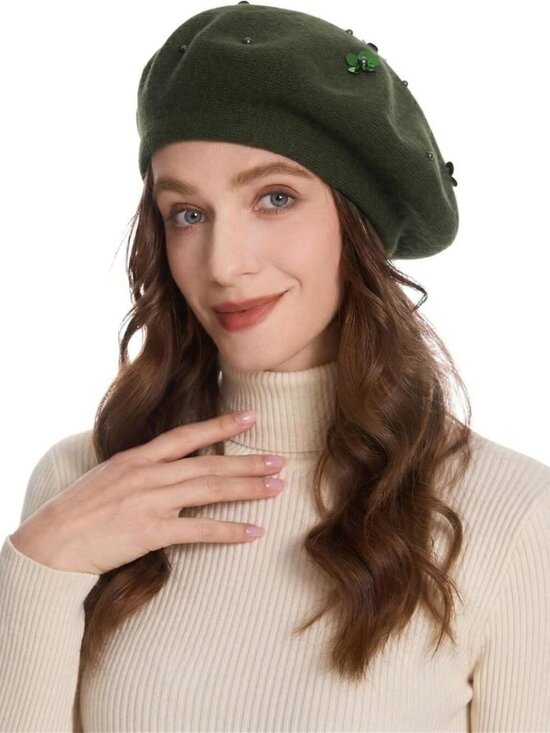 Women\'s French Beret Hat Reversible Knitted Thickened Warm Cap Army Green main image 4